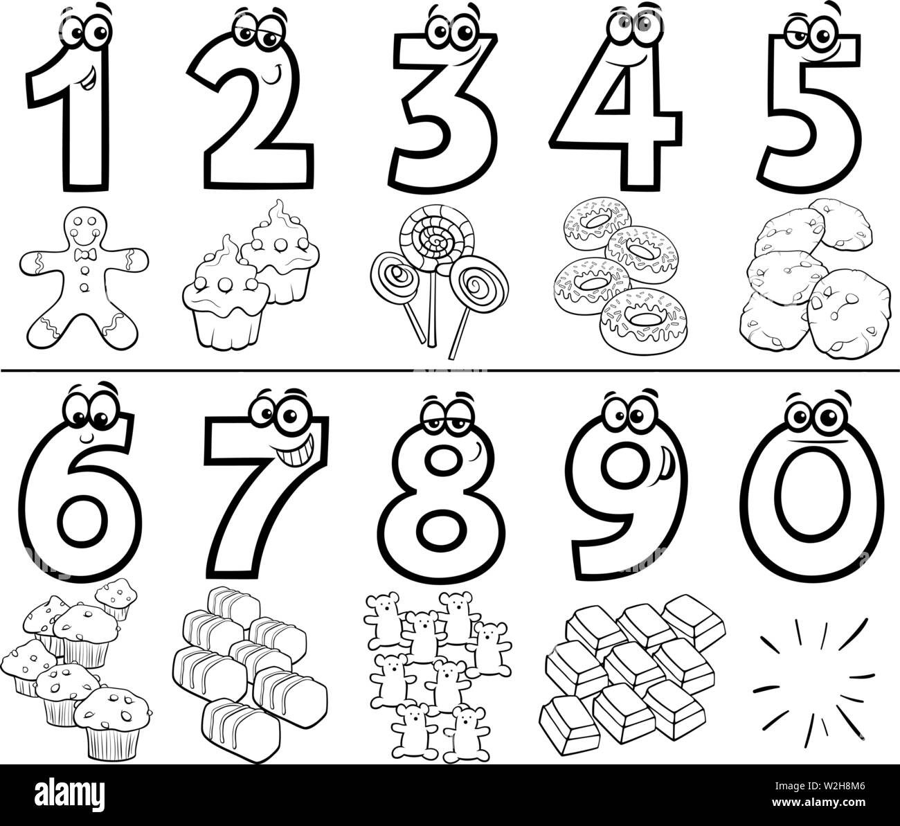 Black and White Cartoon Illustration of Educational Numbers Collection from One to Nine with Sweet Food Objects Coloring Book Stock Vector