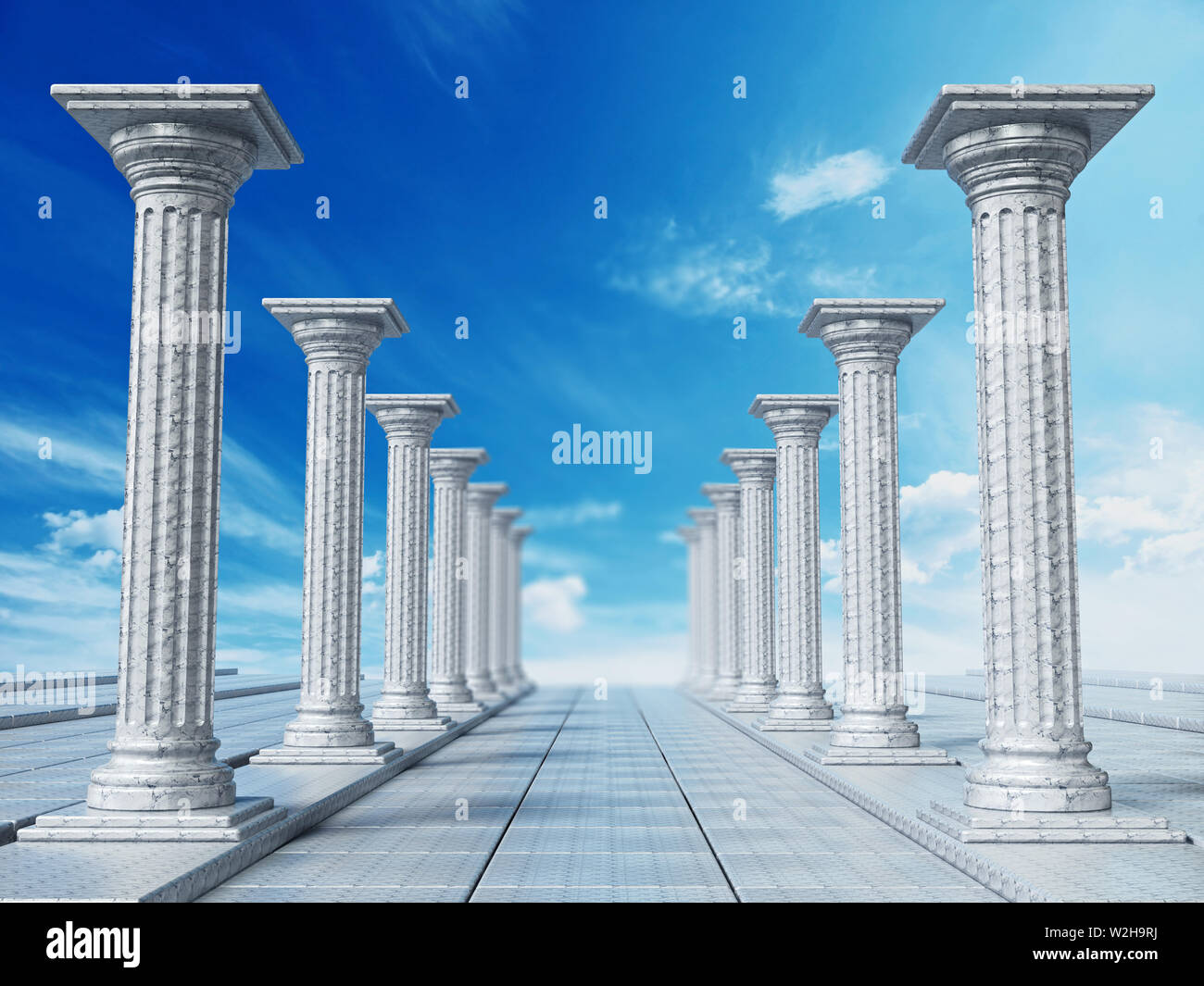 Ancient ruins of Greek pillars against blue sky. 3D illustration Stock