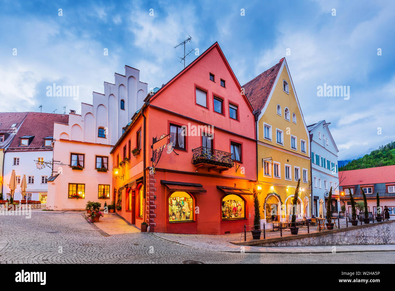 Fussen, Germany. Old townscape at night. Stock Photo