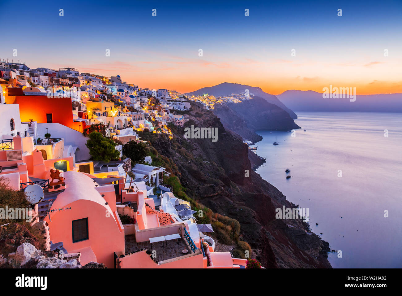 Santorini, Greece. The picturesque Oia village at sunrise. Stock Photo