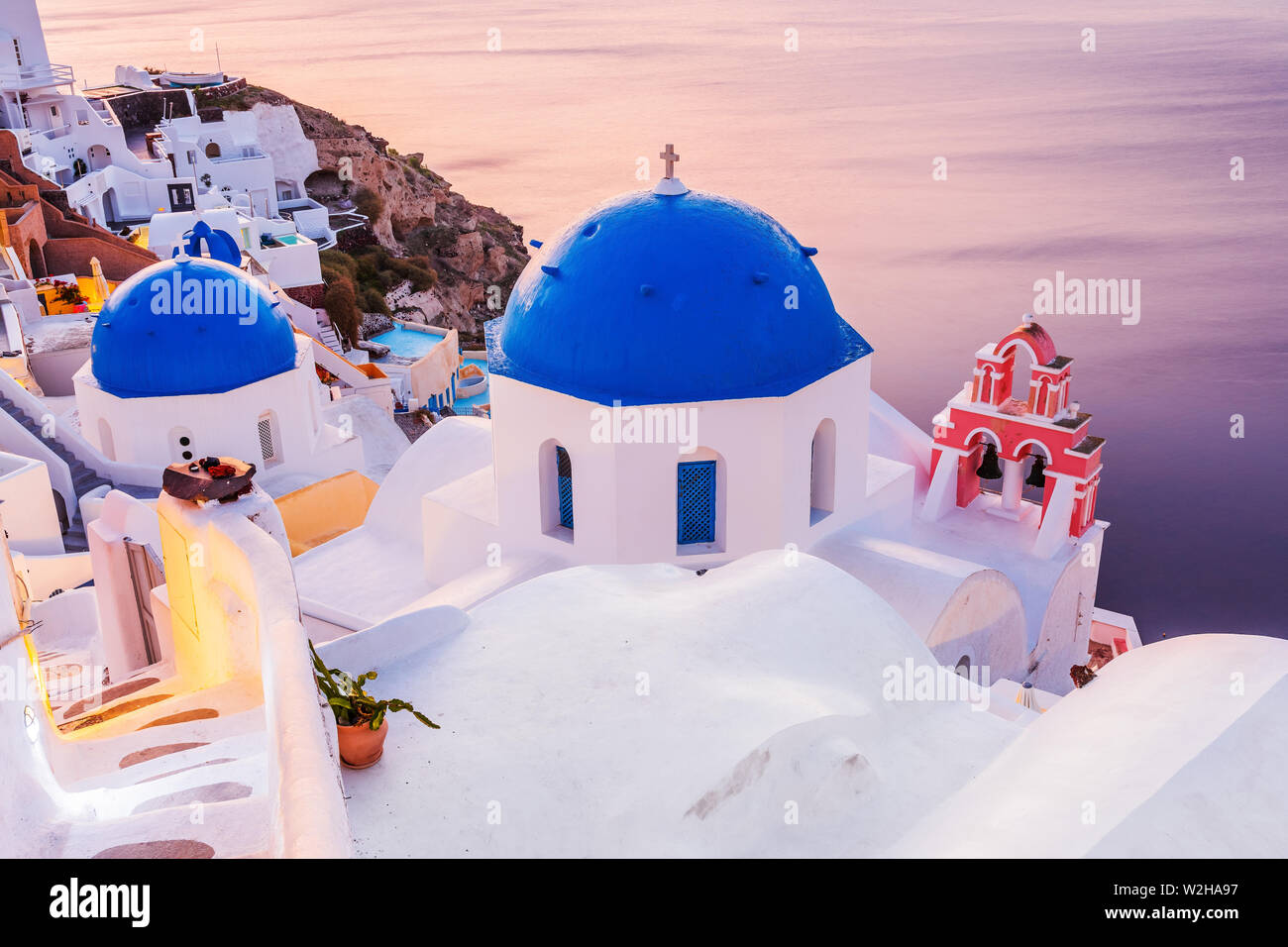 Santorini, Greece. The picturesque Oia village at sunrise. Stock Photo