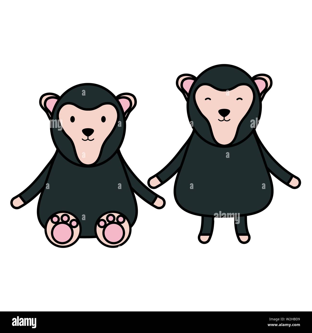 cute monkeys couple childish characters vector illustration design