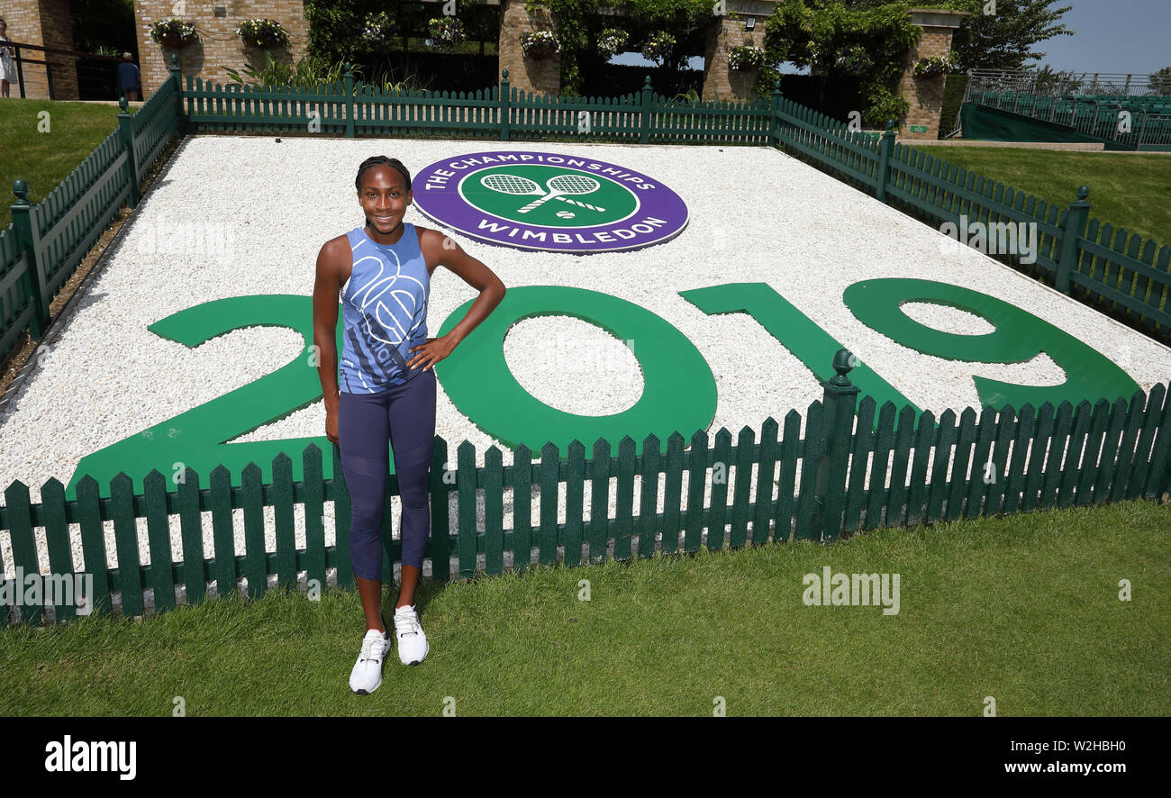 Cori 'Coco' Gauff (USA), the youngest woman to ever qualify for the main draw at Wimbledon is pictured before the start of the 2019 Championships at The Wimbledon Championships tennis, Wimbledon, London on June 29, 2019 Stock Photo