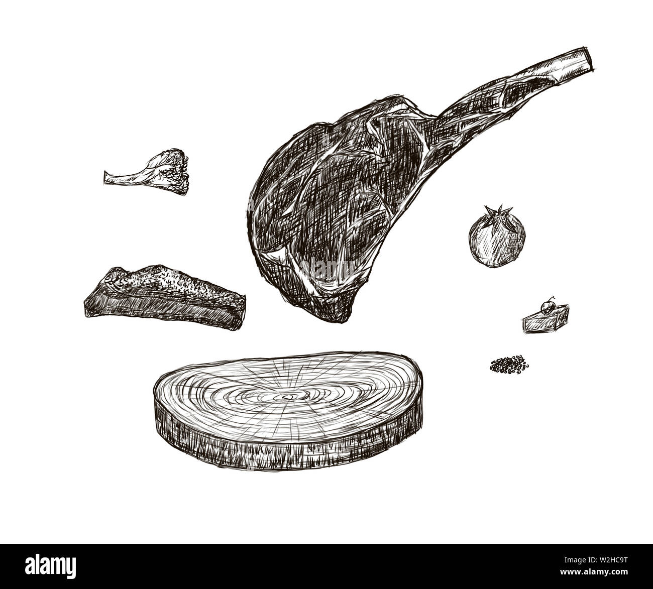 Black and white line illustration, steak beef Stock Photo - Alamy