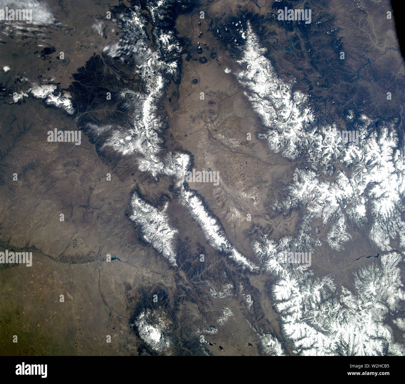 (29 April 1998) --- This view features a 13,980-foot mountain peak in Colorado's Sangre de Cristo Mountains in Saguache County, photographed by crewmembers of the STS-90 Space Shuttle Columbia mission in April 1998. Stock Photo