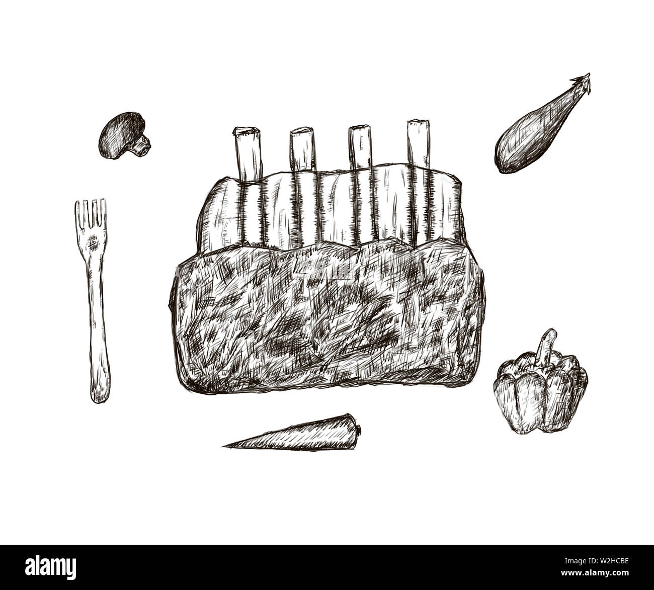 Black and white line illustration, steak beef Stock Photo - Alamy