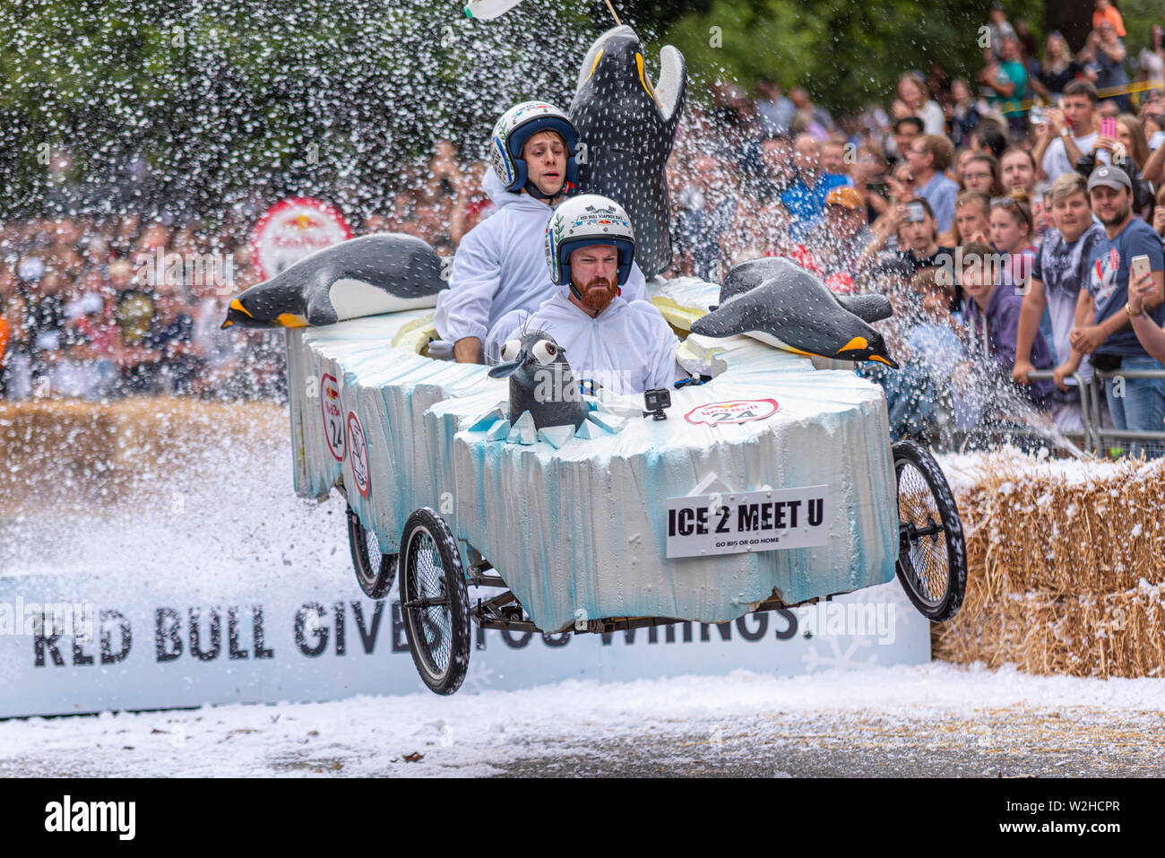 Polar Express competing in the Red Bull Soapbox Race 2019 at Alexandra Park, London, UK. Jumping over ramp with people Stock Photo