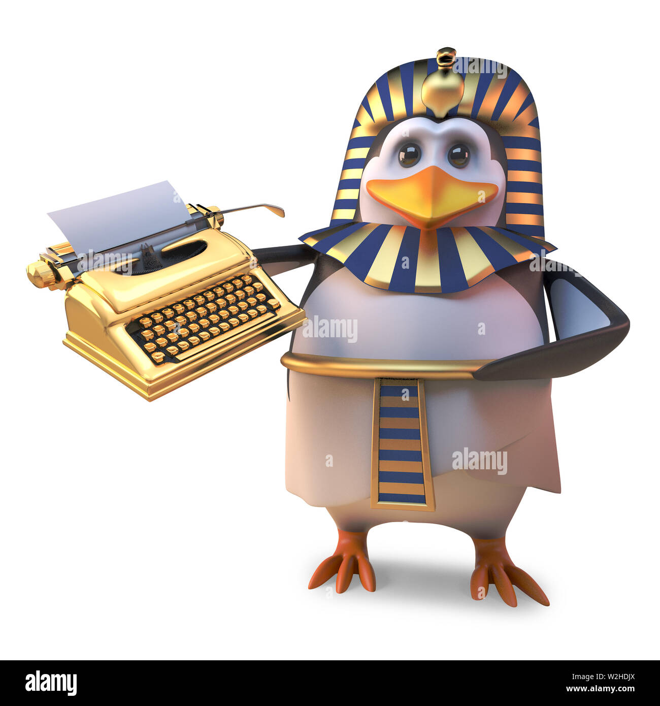 Funny cartoon Egyptian penuin pharaoh holding a golden typewriter, 3d illustration render Stock Photo
