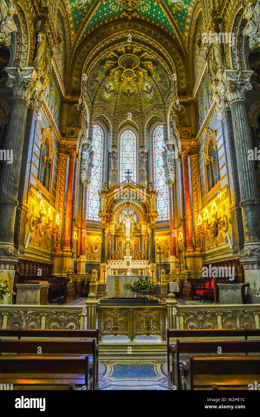Inside Basilica of Notre-Dame de Fourviere is dedicated to the Virgin Mary, in Lyon, (built 1872 and 1884) Auvergne-Rhône-Alpes, France. Stock Photo