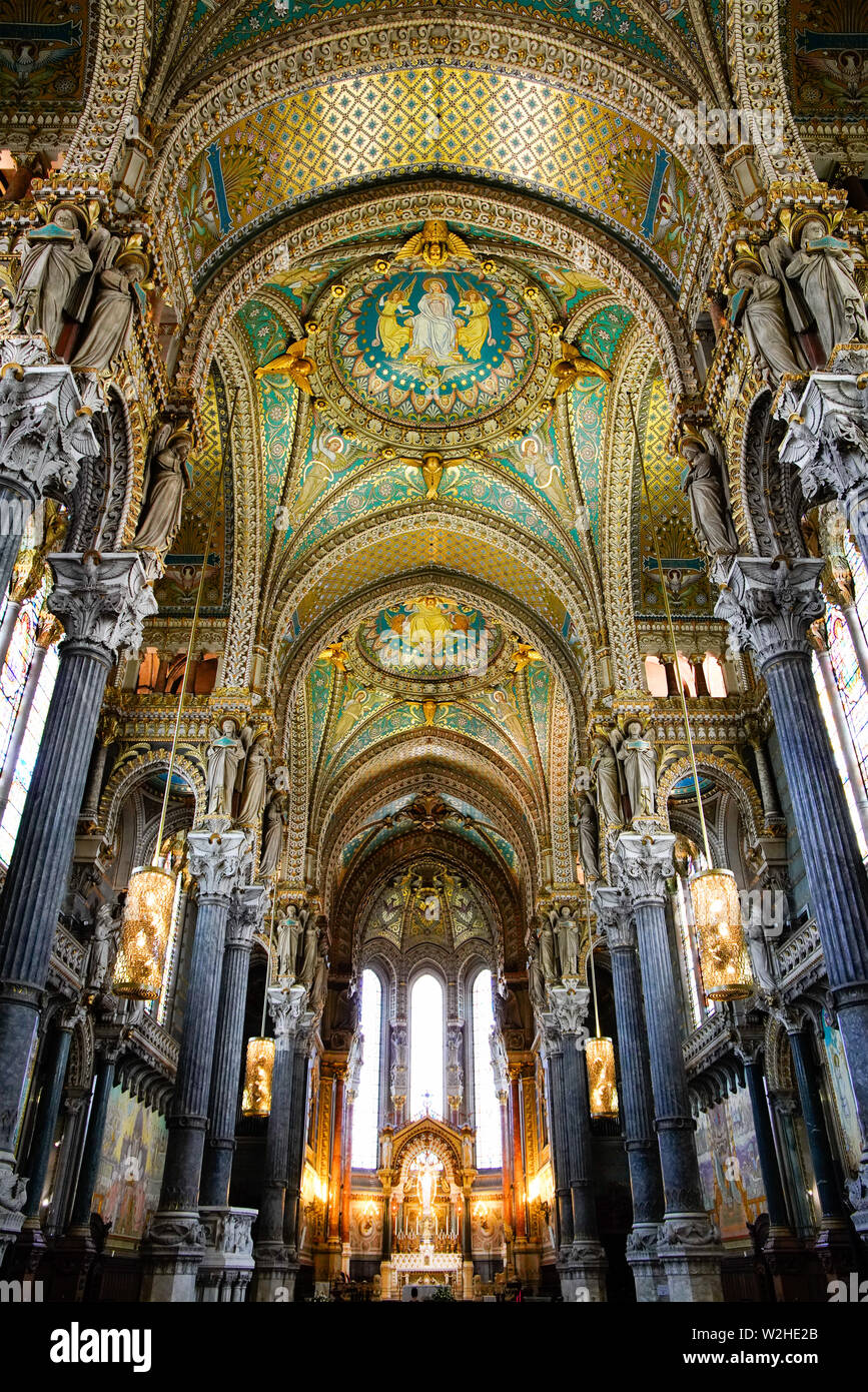 Inside Basilica of Notre-Dame de Fourviere is dedicated to the Virgin Mary, in Lyon, (built 1872 and 1884) Auvergne-Rhône-Alpes, France. Stock Photo