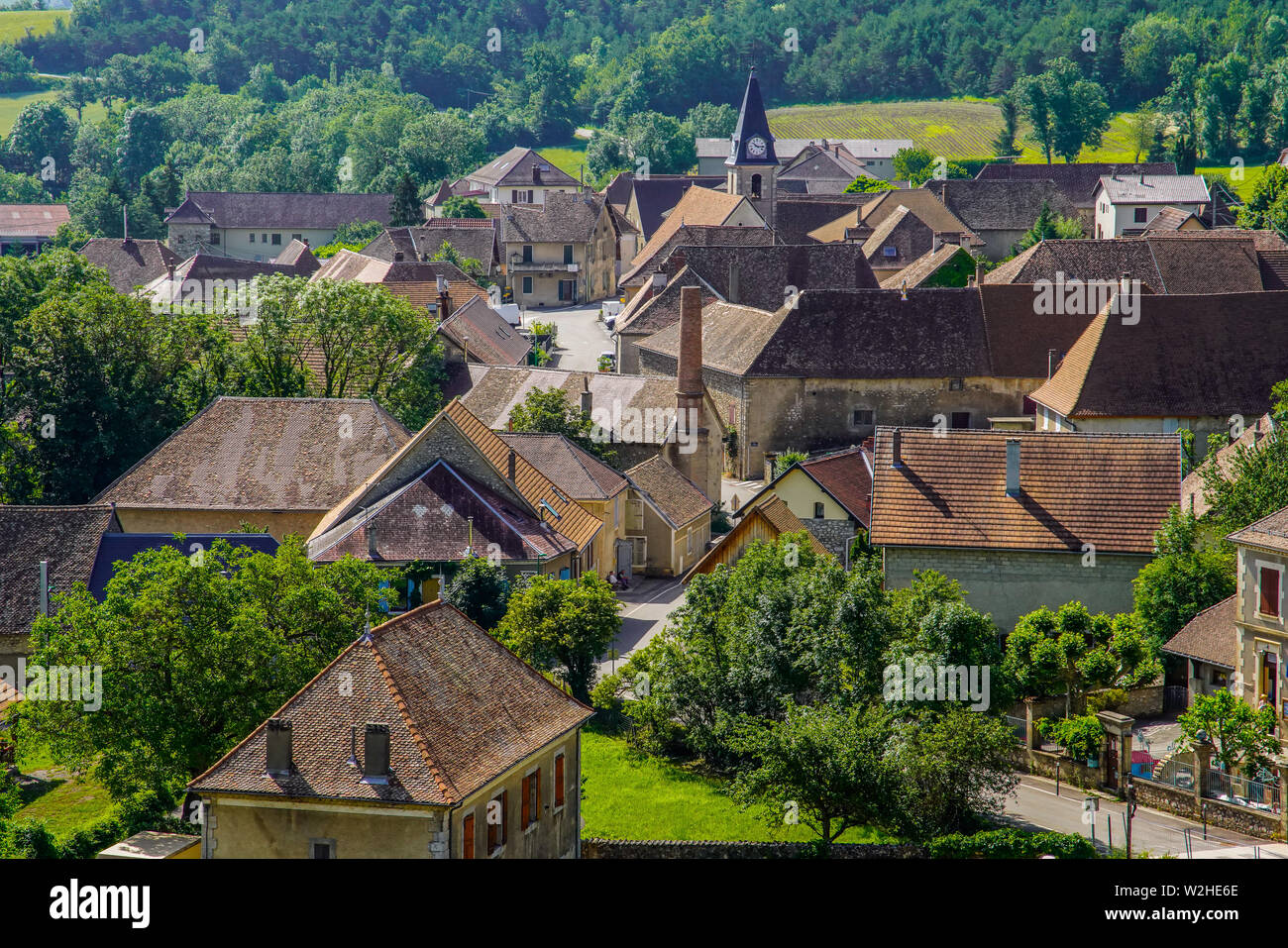 Elevated view of Saint-Maurice-en-Trièves Village, Auvergne-Rhône-Alpes; France. Stock Photo