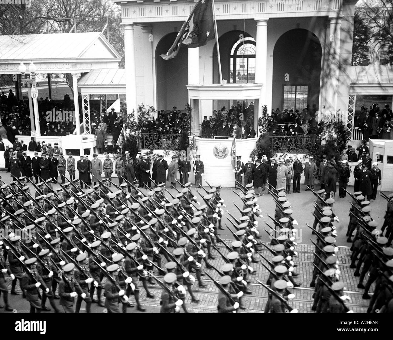 Franklin D. Roosevelt - Franklin D. Roosevelt inauguration. Parade and presidential viewing stand. Washington, D.C. ca. March 4, 1933 Stock Photo