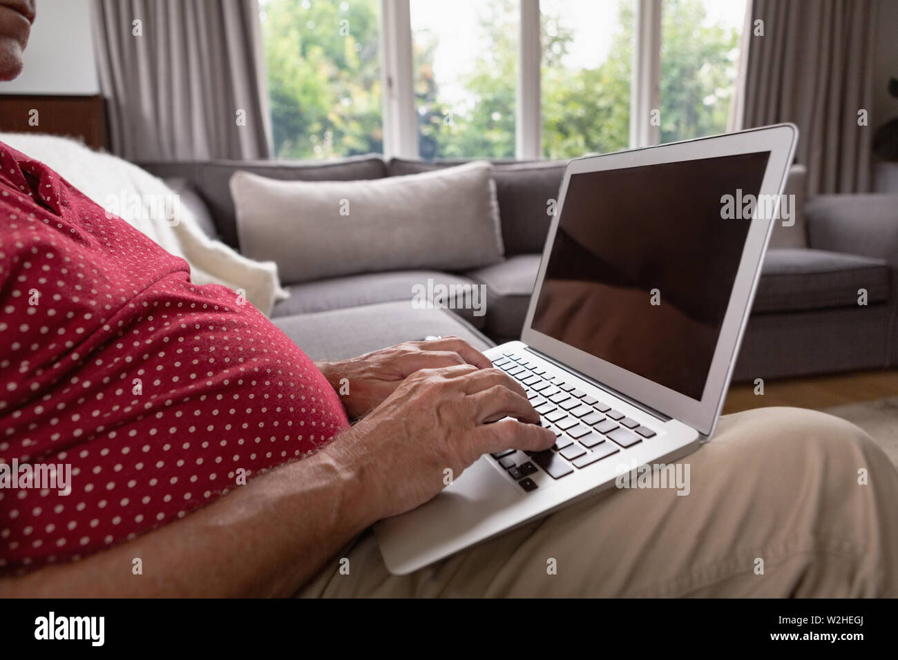 Active senior man using laptop on sofa in a comfortable home Stock Photo