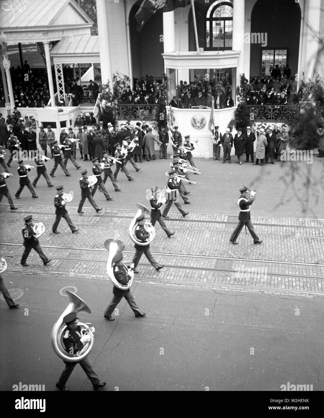 Franklin D. Roosevelt - Franklin D. Roosevelt inauguration. Parade and presidential viewing stand. Washington, D.C. Band passing review stand ca. March 4, 1933 Stock Photo