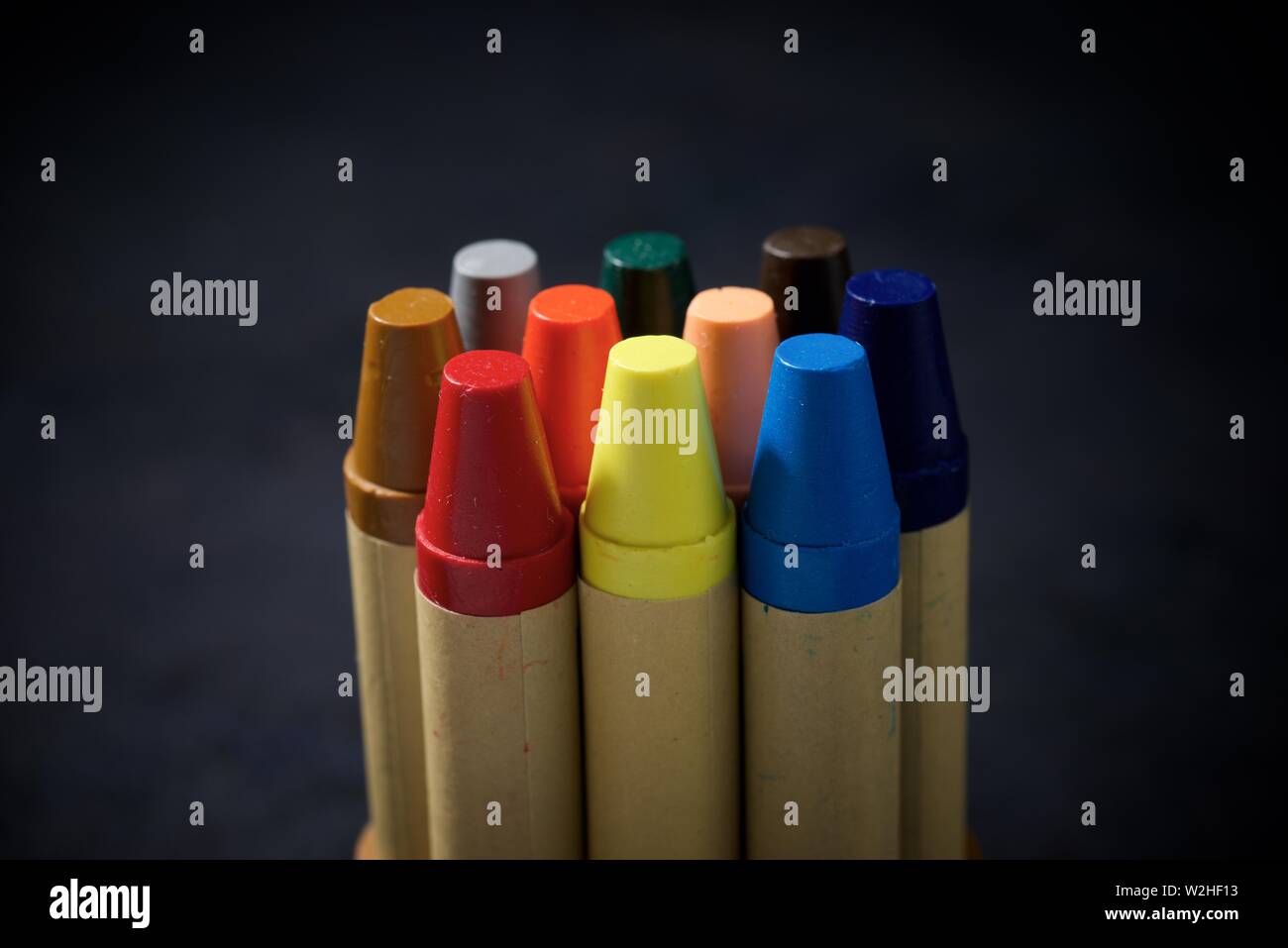 Group of wax crayons on a table Stock Photo Alamy