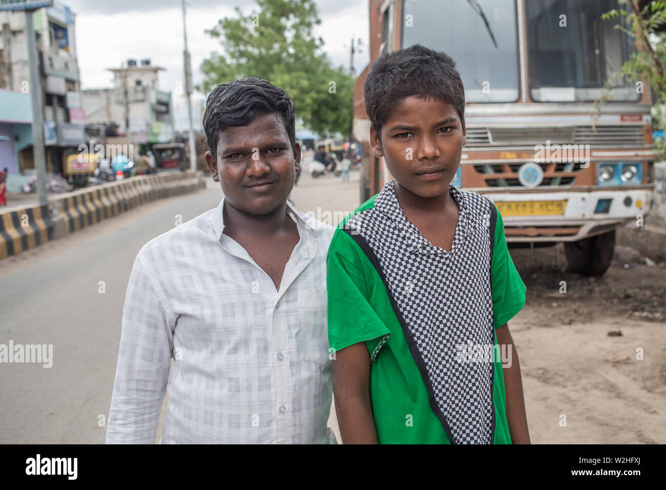 Two Indian boys posing for a portrait in a small village in south India. Stock Photo