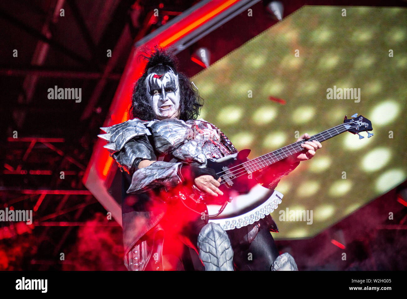 Oslo, Norway - June 27, 2019. The American rock band Kiss performs a live  concert during the Norwegian music festival Tons of Rock 2019 in Oslo. Here  vocalist and guitarist Paul Stanley