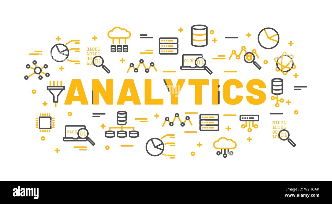 The words Analytics surrounded by icons of database, cloud computing, server, network icons. Vector background illustration. Stock Vector