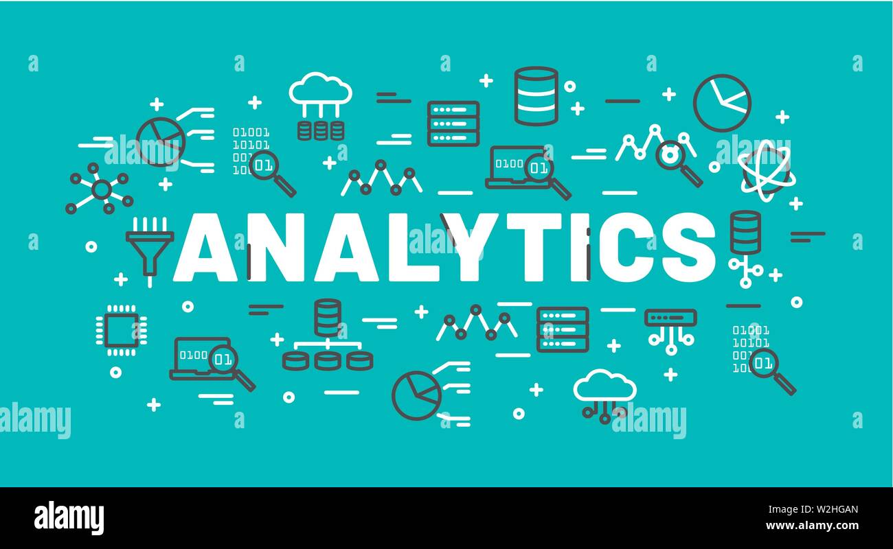 The words Analytics surrounded by icons of database, cloud computing, server, network icons. Vector background illustration. Stock Vector