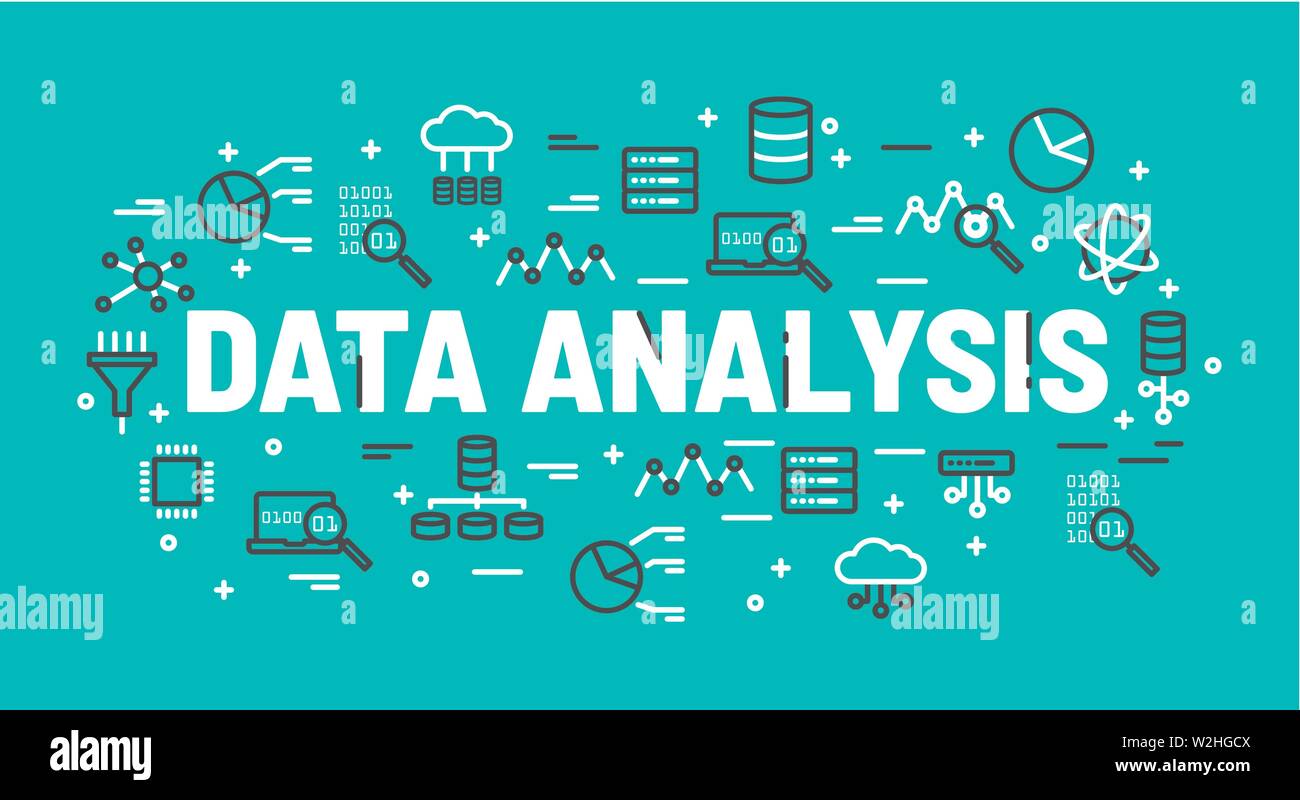 The words Data Analysis surrounded by icons of database, cloud computing, server, network icons. Vector background illustration. Stock Vector