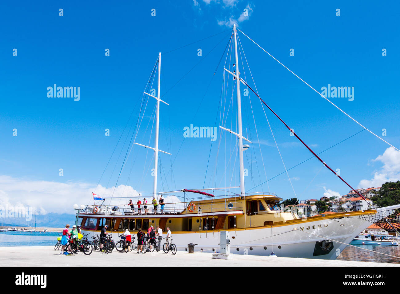 Boat for cycling tour, Riva, Jelsa, Hvar, Dalmatia, Croatia Stock Photo