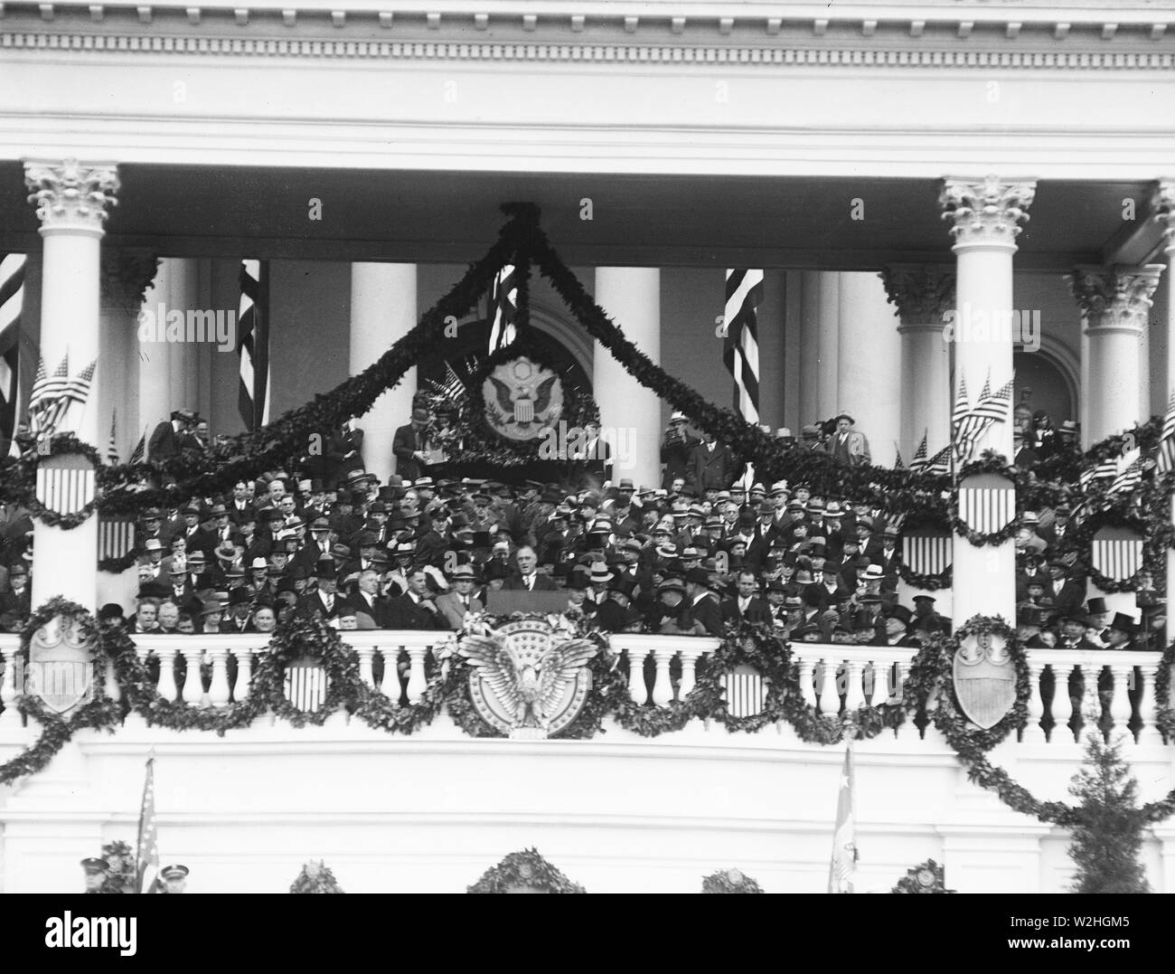 Franklin Roosevelt First Inaguration:  Roosevelt at podium, U.S. Capitol, Washington, D.C.  March 4, 1933 Stock Photo