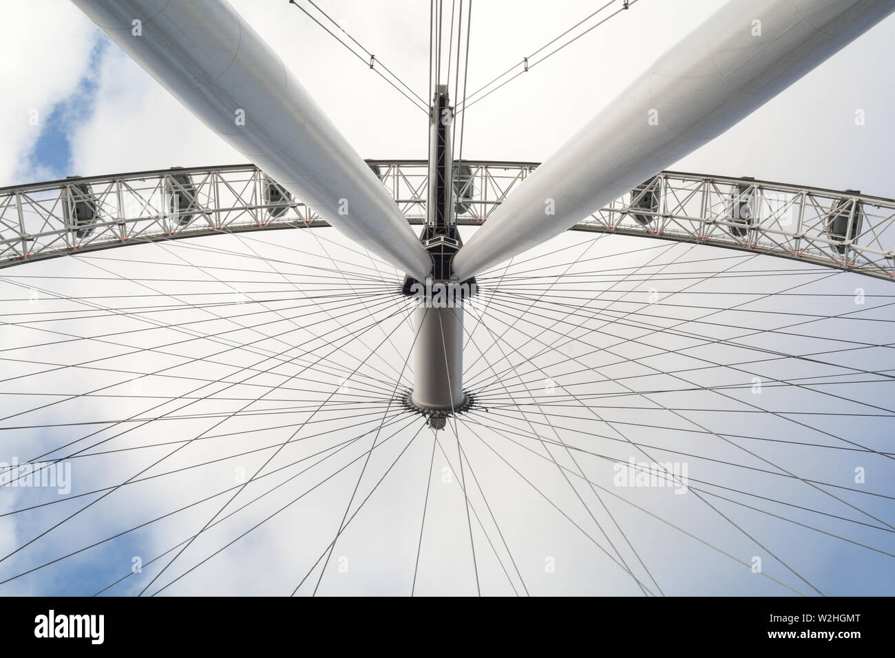 London, UK - February 20, 2019. Low angle view of the London Eye on February 20, 2019. The London Eye is a major tourist attraction for visitors to th Stock Photo
