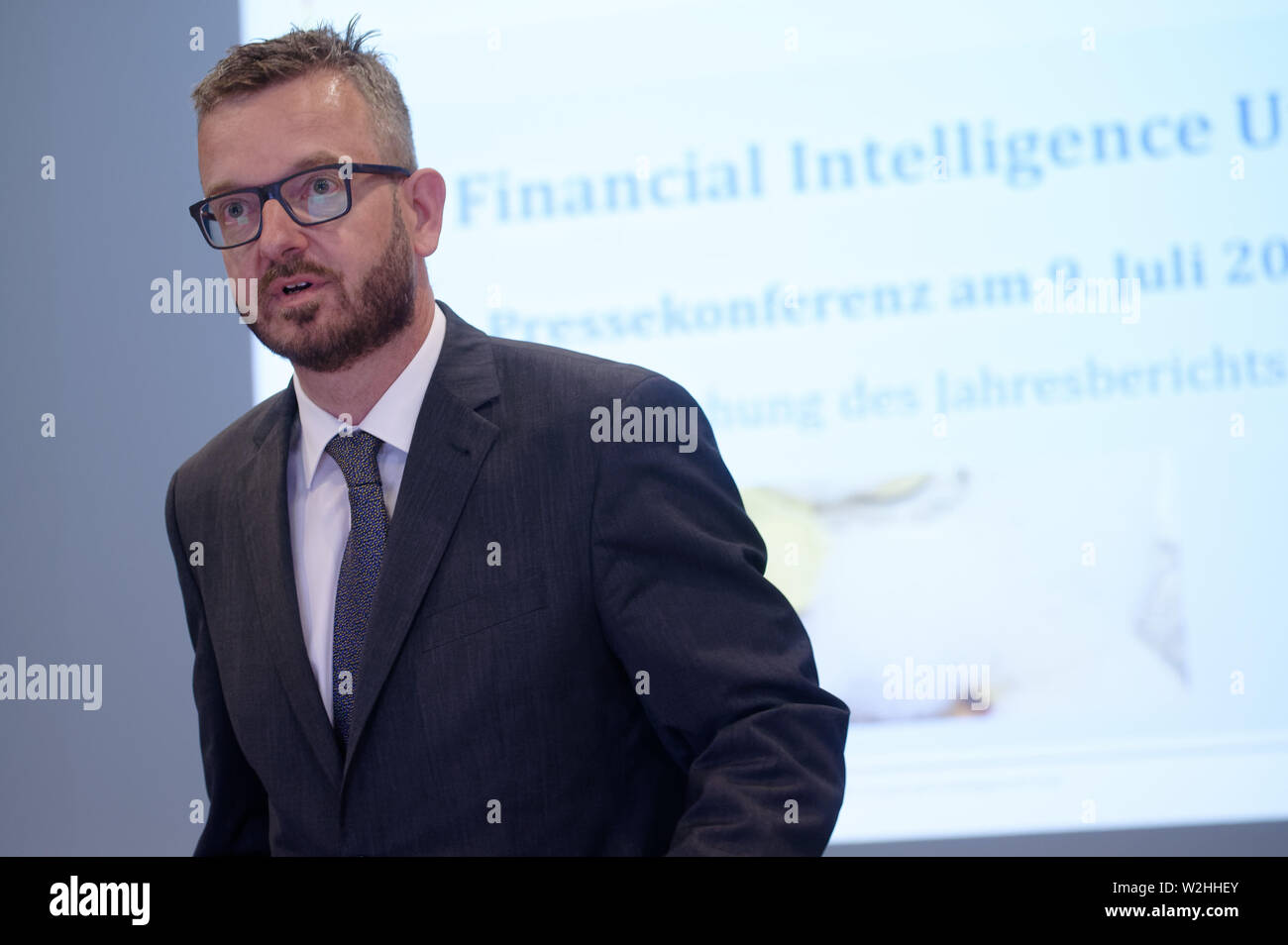 Cologne, Germany. 09th July, 2019. The head of the FIU, Christof Schulte, speaks at a press conference on the annual report of the Financial Intelligence Unit (FIU). The FIU is the federal anti-money laundering unit. Credit: Henning Kaiser/dpa/Alamy Live News Stock Photo