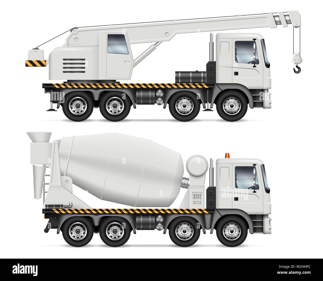 Crane and mixer trucks with view from side isolated on white background.  Construction vehicles set vector mockup, easy editing and recolor Stock  Vector Image & Art - Alamy