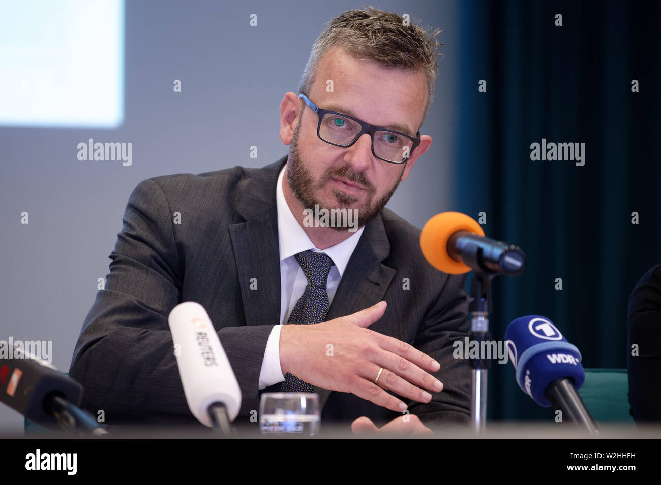 Cologne, Germany. 09th July, 2019. The head of the FIU, Christof Schulte, speaks at a press conference on the annual report of the Financial Intelligence Unit (FIU). The FIU is the anti-money laundering unit of the federal government. Credit: Henning Kaiser/dpa/Alamy Live News Stock Photo