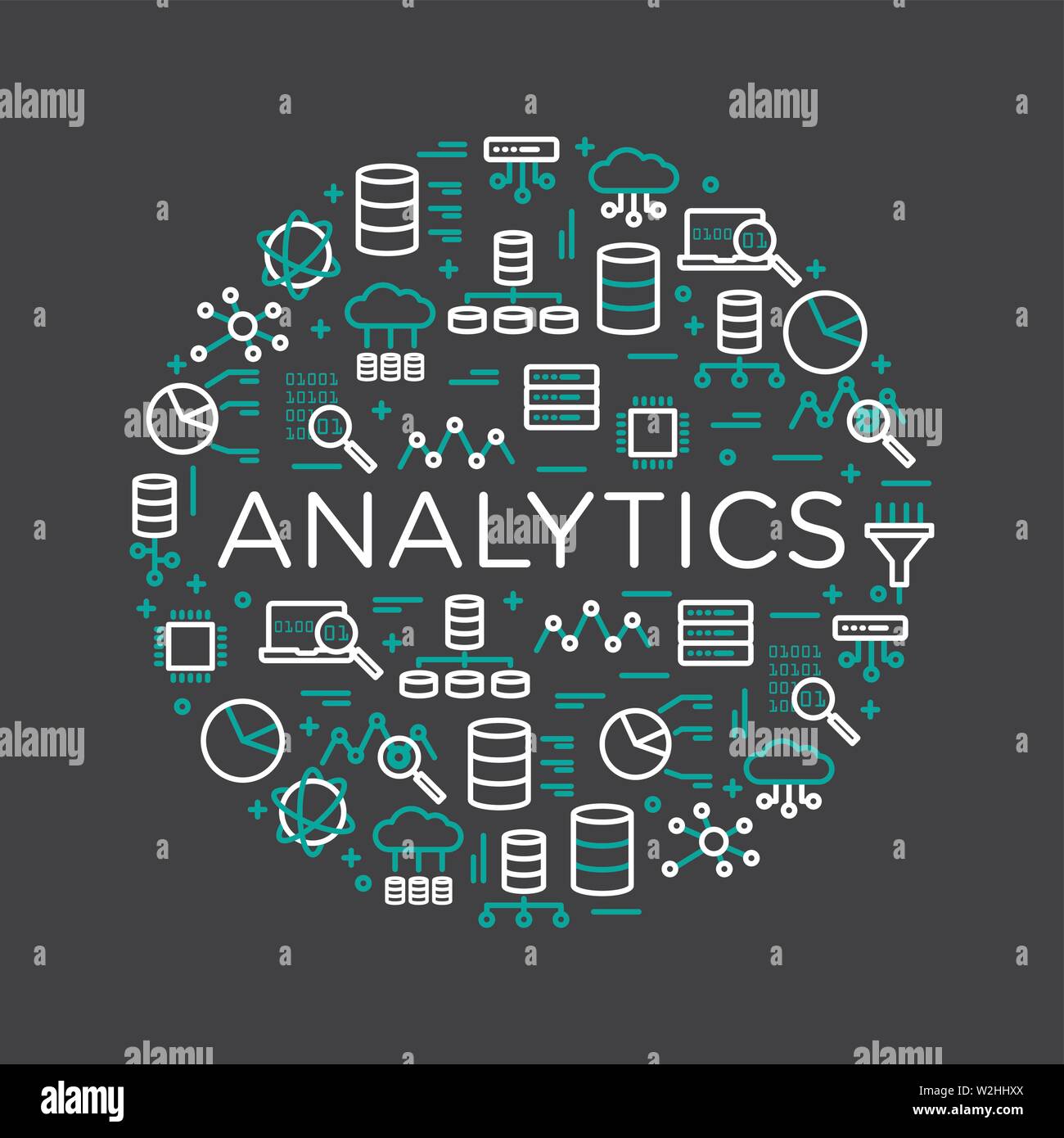 The words Analytics surrounded by icons of database, cloud computing, server, network icons. Vector background illustration. Stock Vector