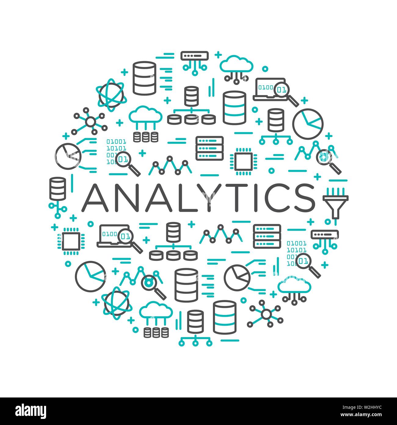 The words Analytics surrounded by icons of database, cloud computing, server, network icons. Vector background illustration. Stock Vector