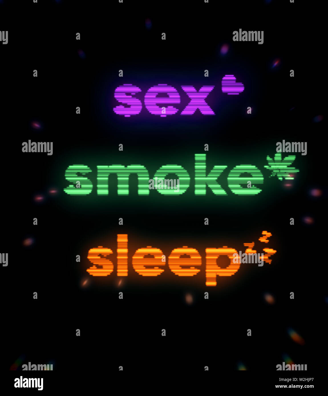 Abstract Neon Inscription Sex Smoke Sleep Of Purple Green Orange Colors On Black Backgrounds Print Words On The Old Tv Screen Youth Concept Stock Photo Alamy