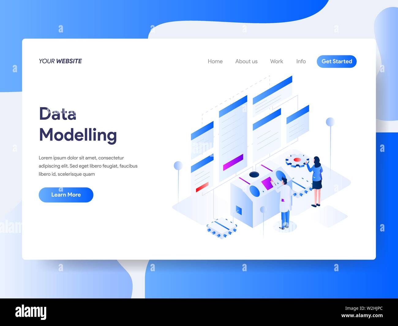 Landing page template of Data Modeling Isometric Illustration Concept. Isometric flat design concept of web page design for website and mobile website Stock Vector