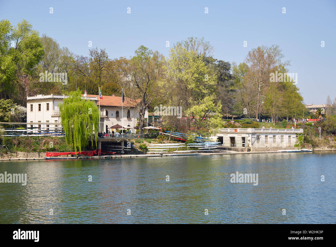 TURIN, ITALY - MARCH 31, 2019: Armida Rowing Club building and terrace with people, Po river in Piedmont, Turin, Italy. Stock Photo