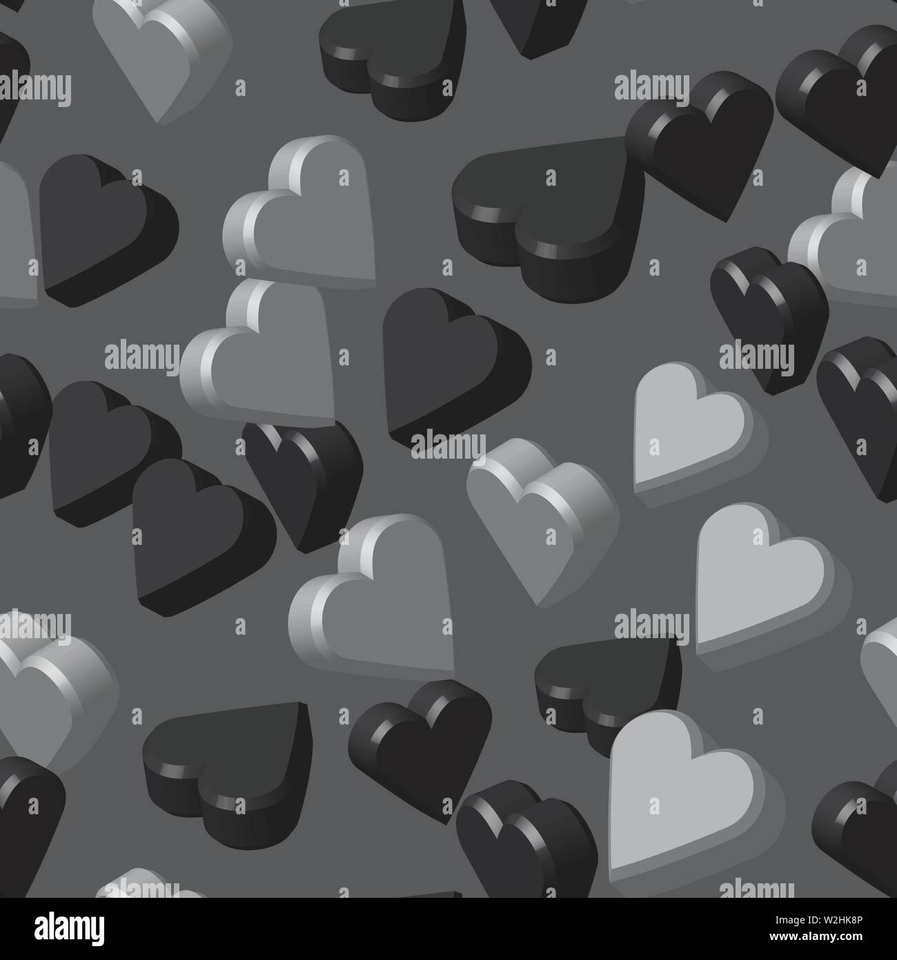 Gray Black Colors Hearts Seamless Pattern, 3D Illustration Stock Vector
