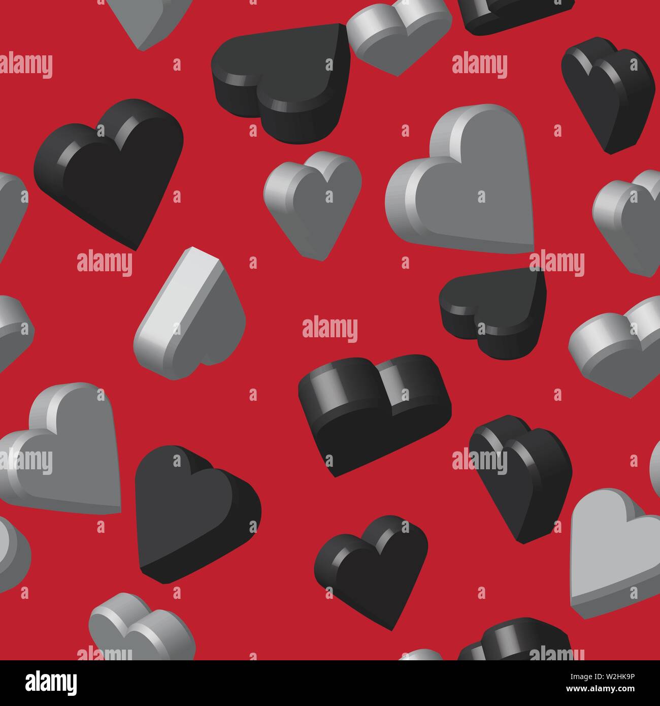 Gray Black Colors Hearts Seamless Pattern, 3D Illustration Stock Vector