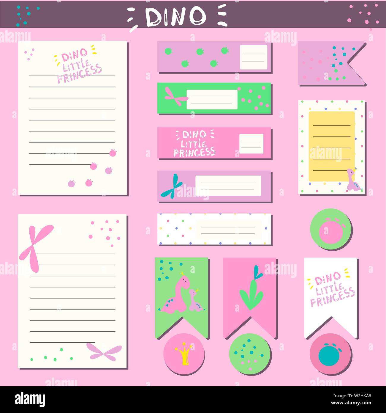 Set for creation of a glider, registration of the birthday of the girl, stickers, sheets, tags, scrapbooking. In the style of a small dinosaur. Pink c Stock Vector