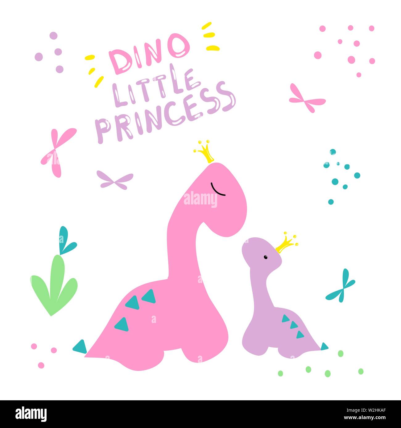 Dino cover. Two dinosaurs in crowns print. Little dino and his mom pattern. Pink color poster with lettering little princess. For the design of nurser Stock Vector