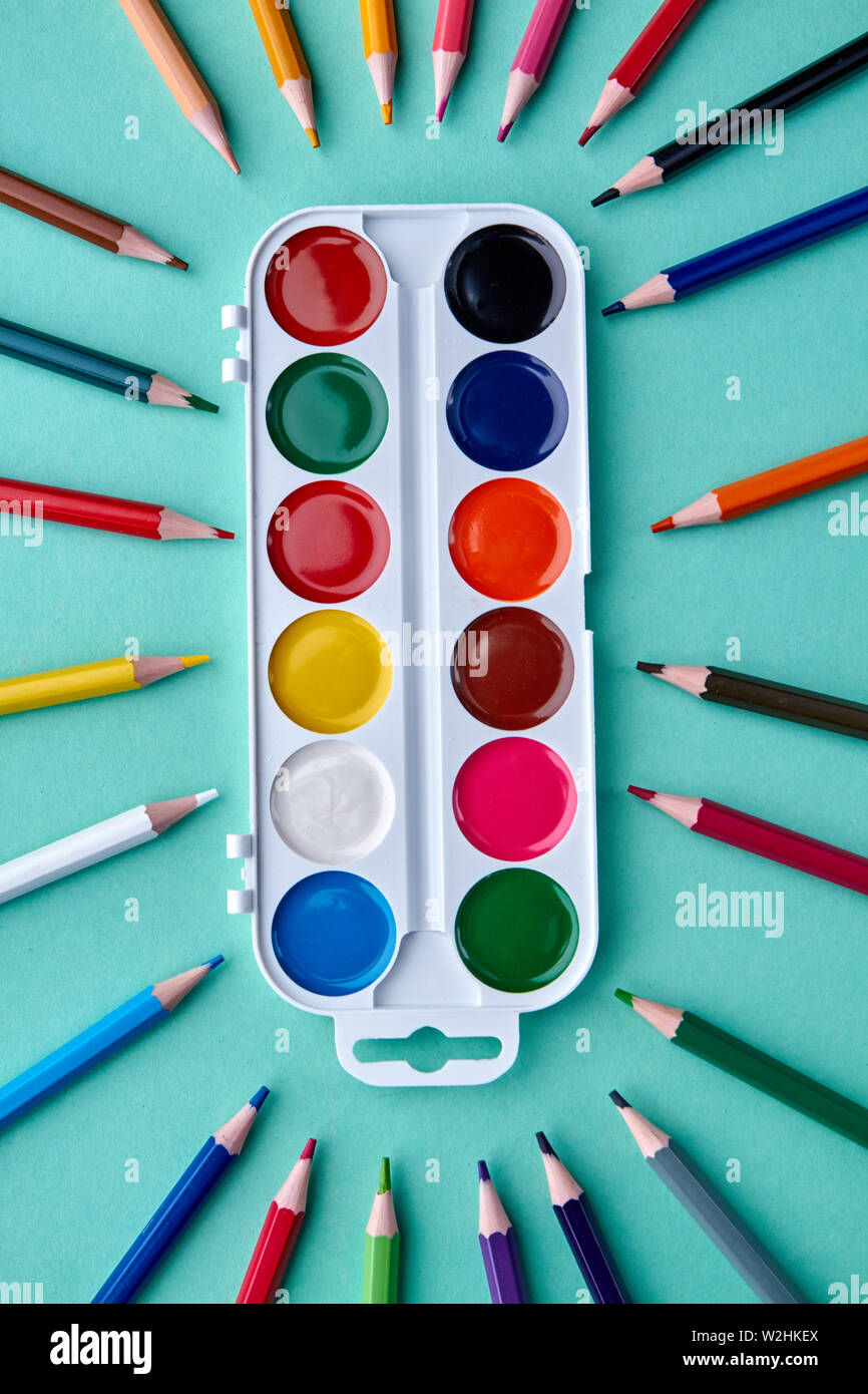 Watercolor painting supplies, top view Stock Photo Alamy