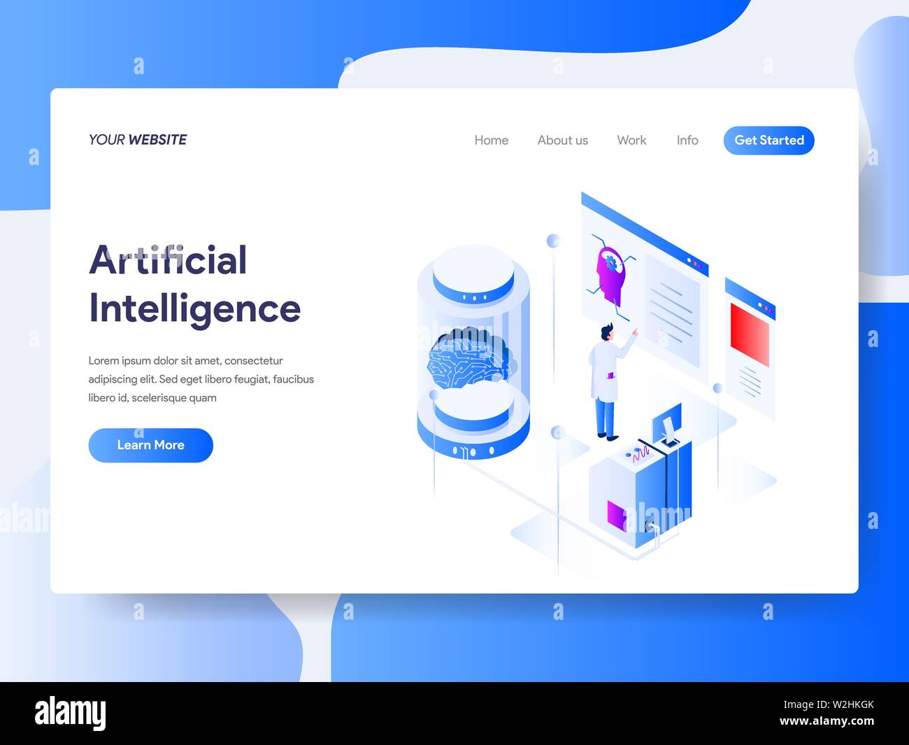 Landing page template of Artificial Intelligence Isometric Illustration Concept. Isometric flat design concept of web page design for website and mobi Stock Vector