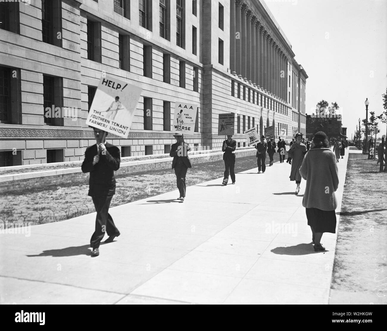 Picketers with signs: 'Help the Southern Tenant Farmers Union,' etc. ca. 1935 Stock Photo