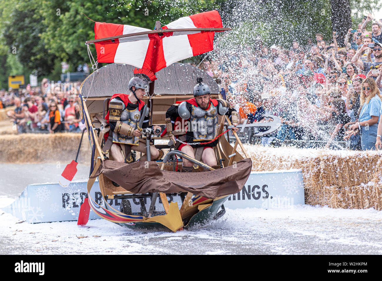 Emperor Barbus Bacterius and the Nautilus competing in the Red Bull Soapbox Race 2019 at Alexandra Park, London, UK. Jumping over ramp with people Stock Photo