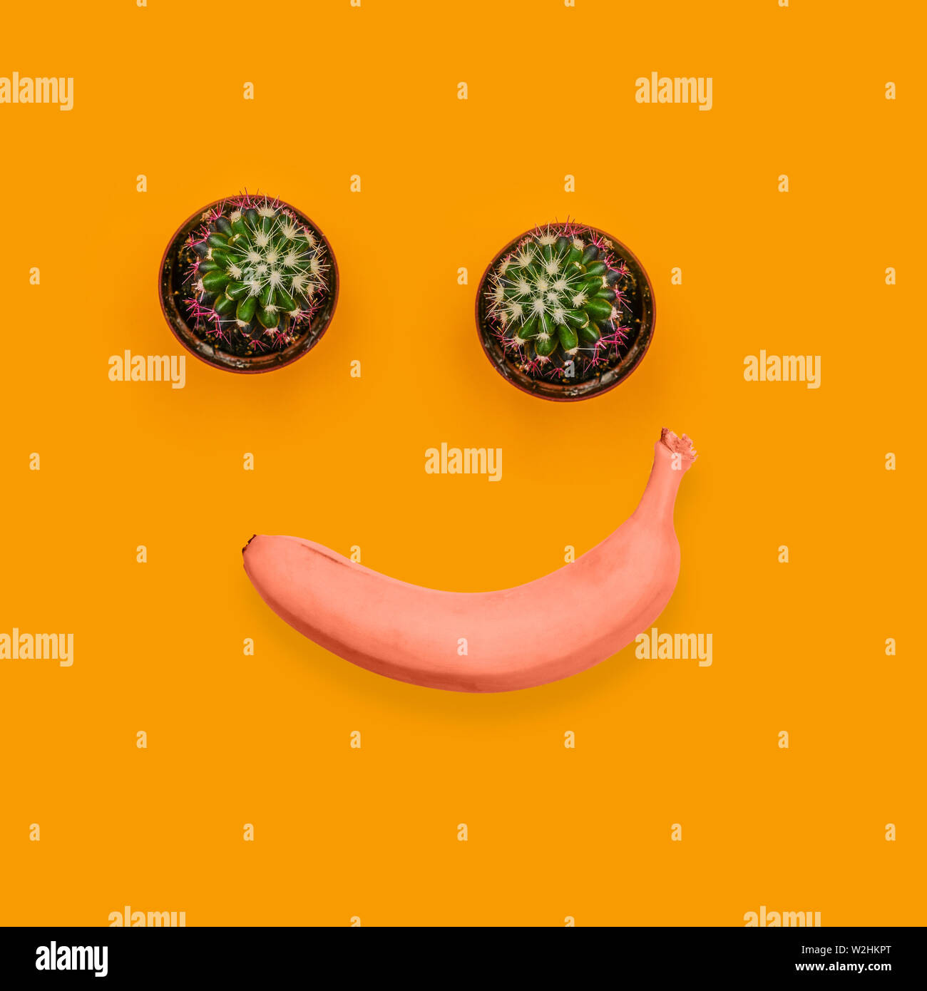 Two green cactus and red banana. Smiling, joyful face. Contemporary art collage. Fruits and plants. Stock Photo