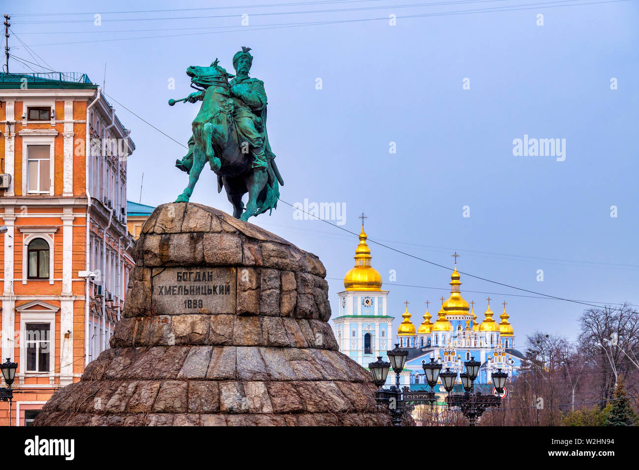 Bohdan Khmelnytsky Monument and the St. Michael's Golden-Domed Monastery, Kiev, Ukraine Stock Photo