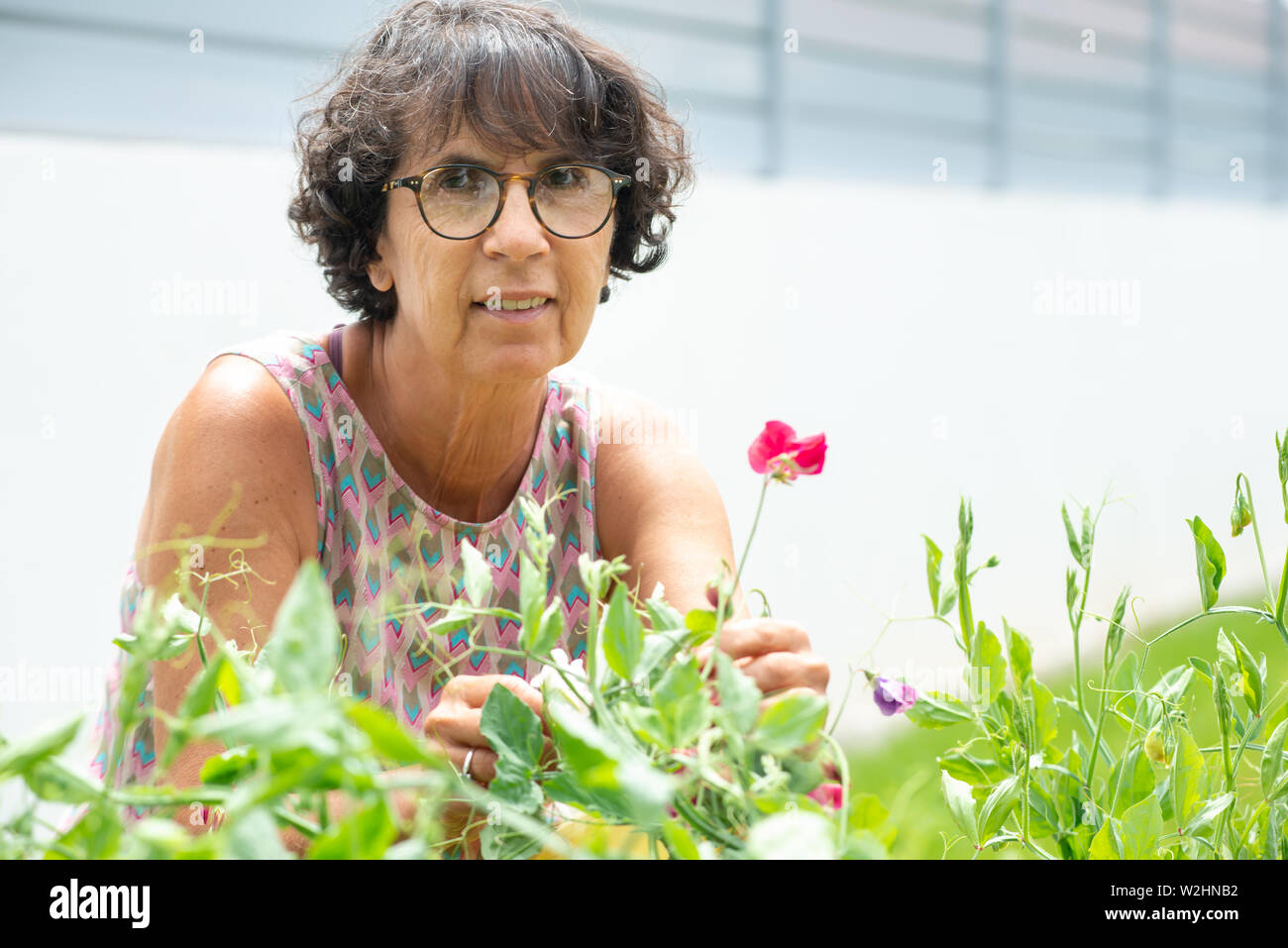 a beautiful mature woman in a garden with flowers Stock Photo - Alamy
