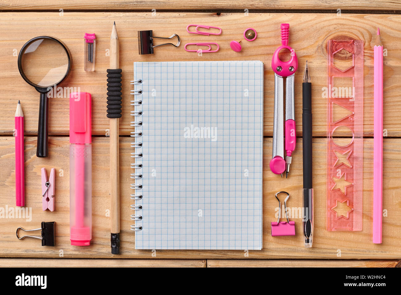 Office desk with set of colorful supplies Stock Photo - Alamy