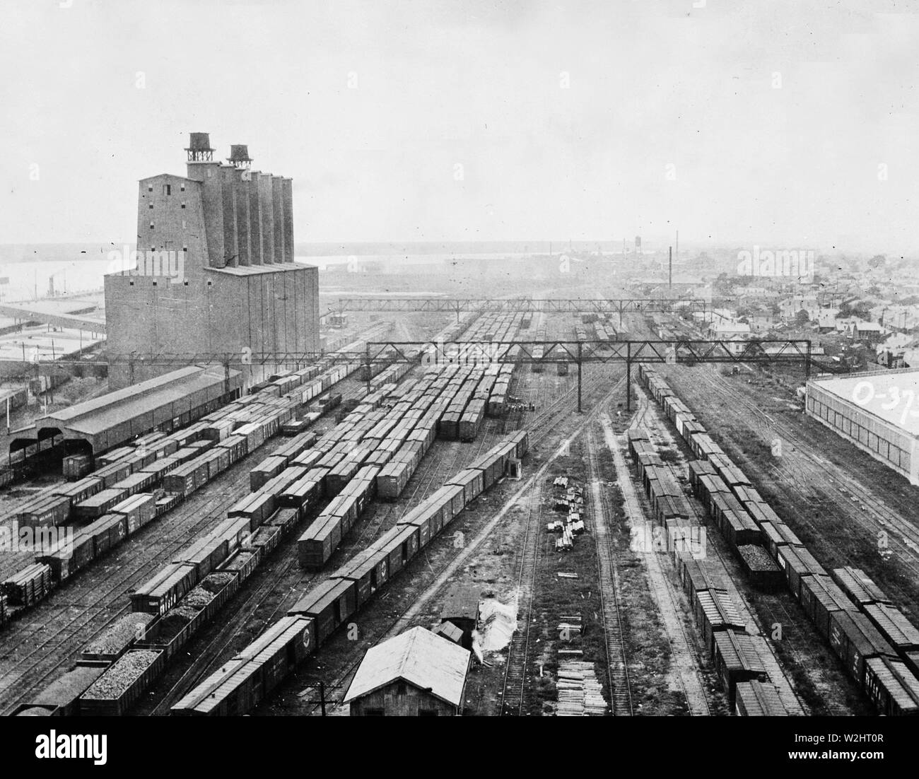 Railroad yard and grain elevator ca. 1936 Stock Photo