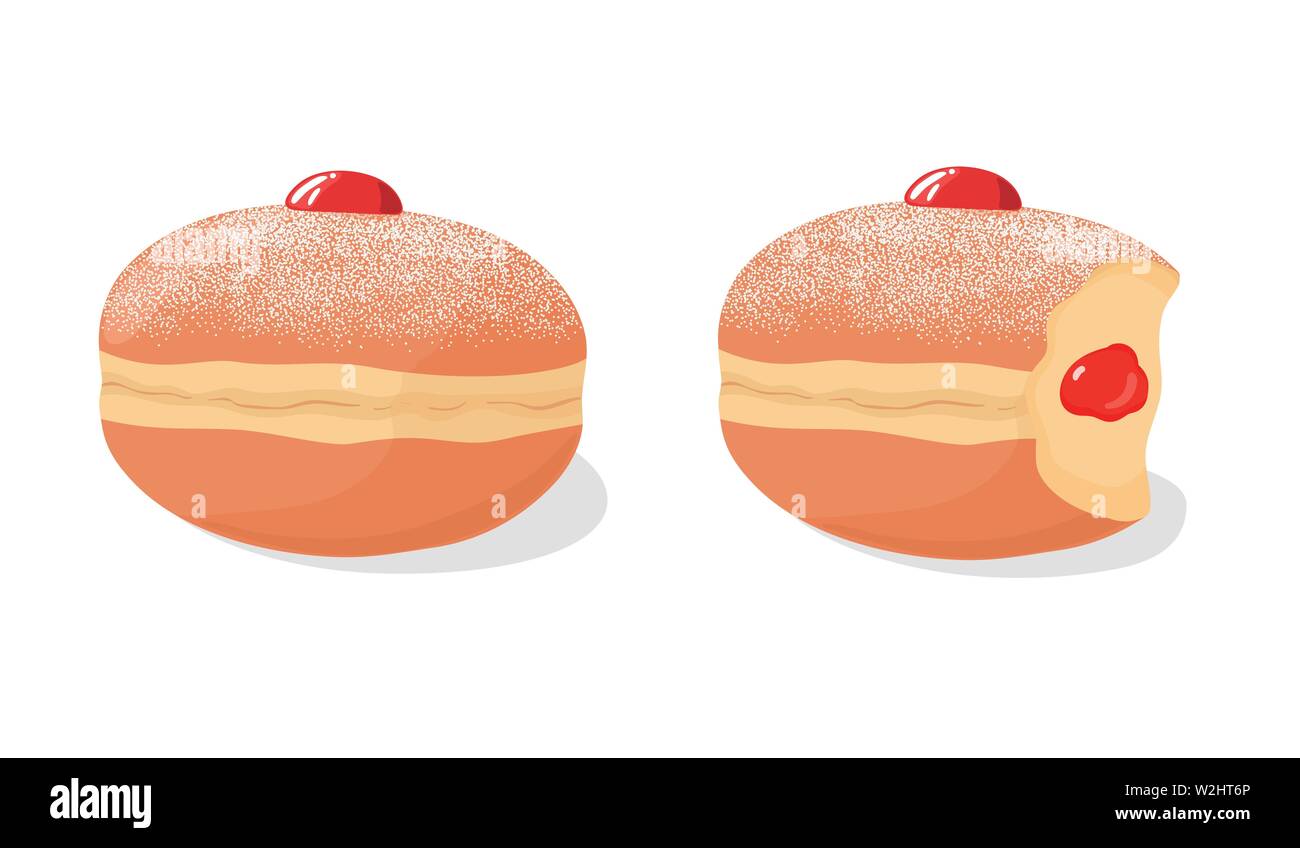 Set of deep fried sufganiyah donuts (doughnuts) powdered sugar topping