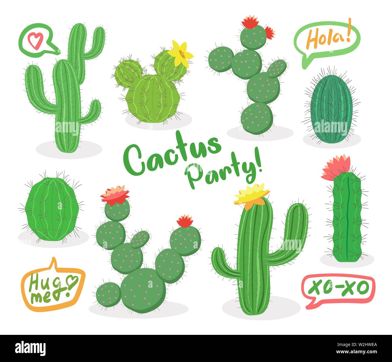 Different green succulent plants with flowers icon set isolated, cactus party, hola, vector illustration. Stock Vector